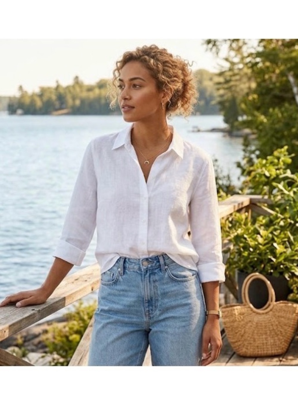 Contemporaire Simons White 100% Linen 3/4 Sleeve Button Down Shirt